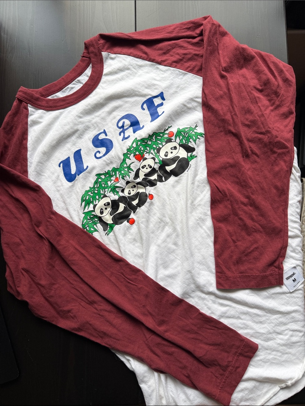Supreme Maroon and White USAF Panda Raglan Long Sleeve Medium 2017